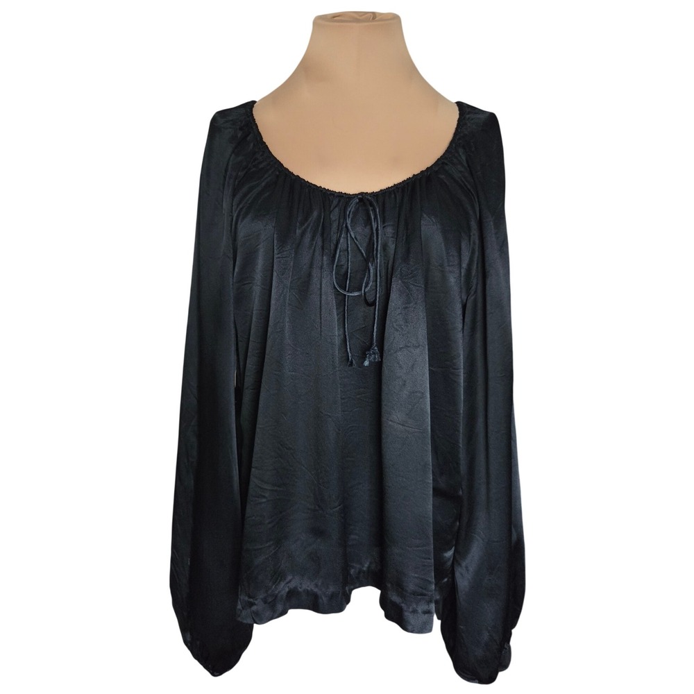 Vintage Miss Shaheen Black Satin Peasant Blouse 70s Balloon Sleeve Whimsygoth L